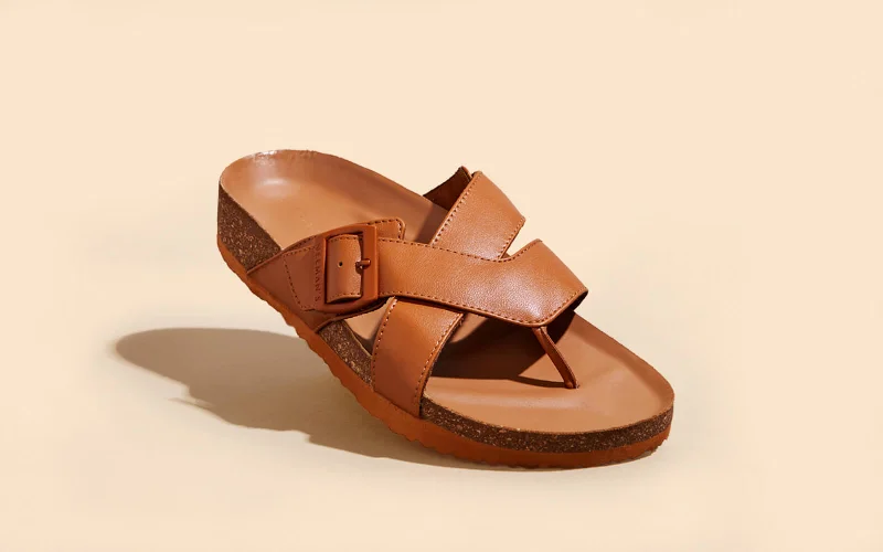 Sandals for daily heels-Cork Cross Strap Sandals : Tan