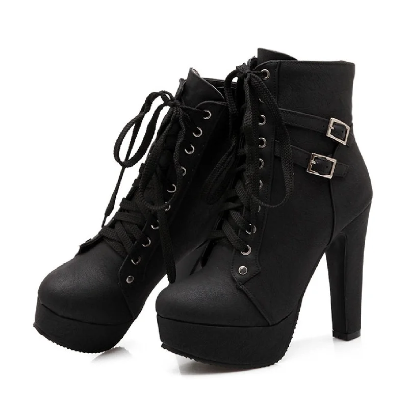 Ankle boots for tall wear-Susanny Women Autumn Round Toe Lace Up Ankle Buckle Chunky High Heel Platform Knight Martin Boots