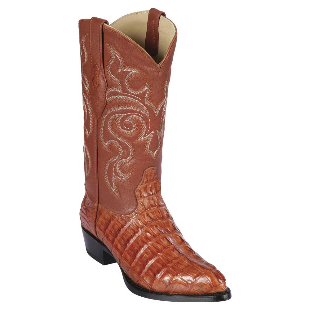 Cowboy boots with unique embroidery patternsLos Altos 990103 Men's Cognac Genuine Caiman Tail J Toe Cowboy Boots