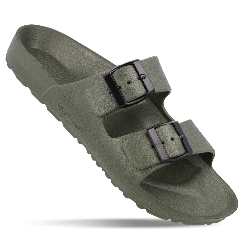 Sandals for wet heels-Walkaroo Men Slip On Slide Sandals  - WC4808 Olive Green