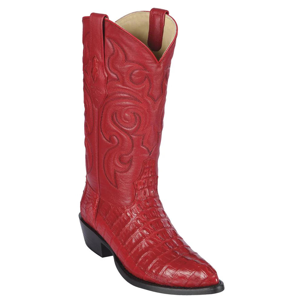 Cowboy boots with bold red stitchingLos Altos 990112 Men's Red Genuine Caiman Tail J Toe Cowboy Boots