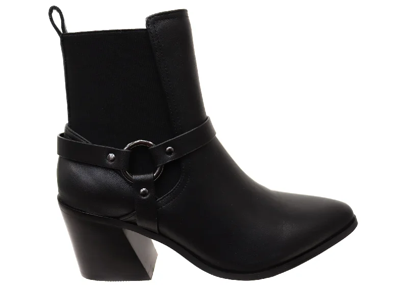 Ankle boots with vivid studs-Hush Puppies Vala Harness Womens Leather Mid Heel Ankle Boots