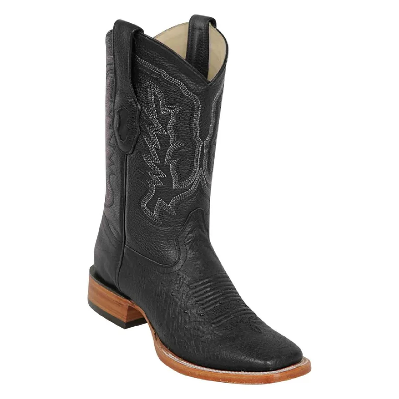 Cowboy boots with bold stitching patternsLos Altos 82G79705 Men's Grasso Black Genuine Smooth Ostrich Wide Square Toe Cowboy Boots