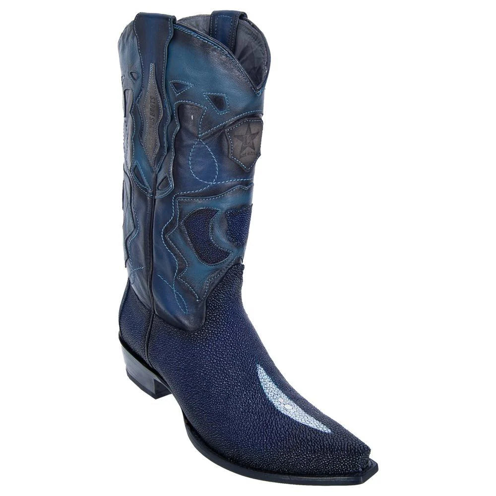 Cowboy boots with custom spur strapsLos Altos 94R1210 Men's Faded Navy Blue Genuine Stingray Single Stone Snip Toe Cowboy Boots