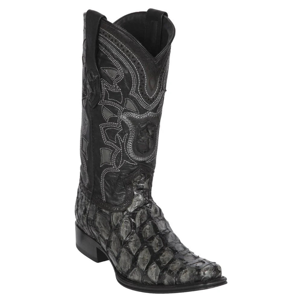 Cowboy boots with leather overlay comfortLos Altos 761009 Men's Gray/Black Genuine Piraruccu European Square Toe Cowboy Boots