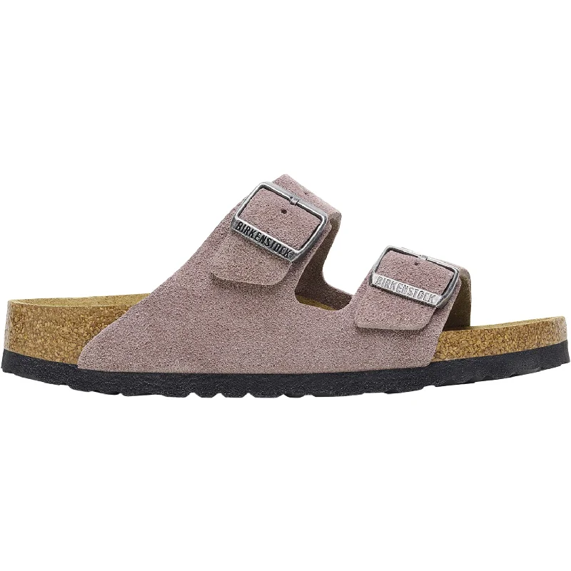 Sandals with firm soles-Women's Birkenstock Arizona Soft Footbed Faded Purple Suede