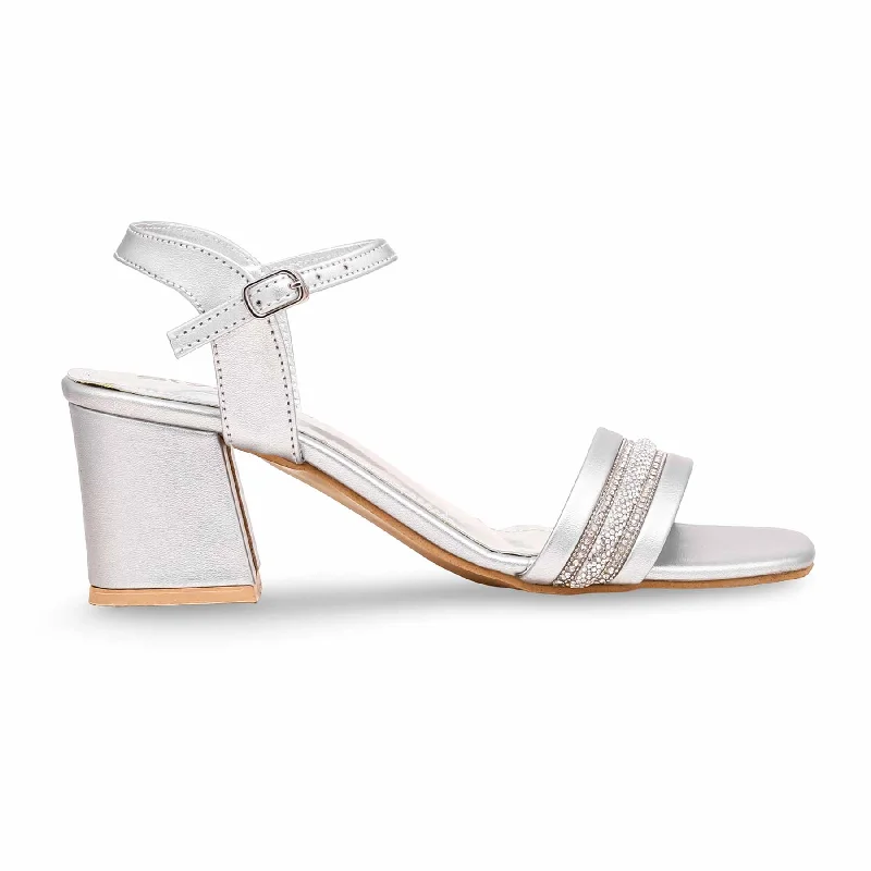 Sandals with firm soles-Silver Block Heel Sandal FN6048