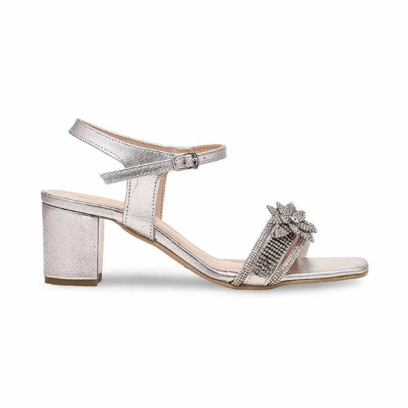 Sandals for summer heels-Silver Fancy Block Heel Sandal FN5912