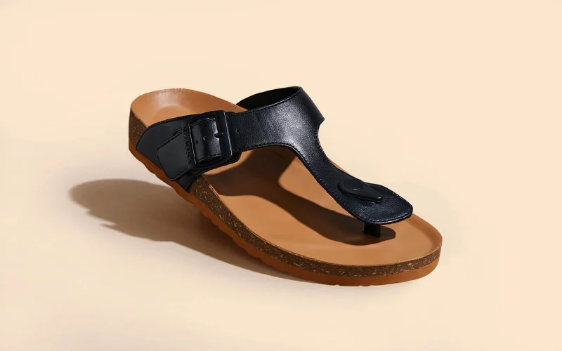 Sandals with bright comfort-Cork Thong Sandals : Black-Tan