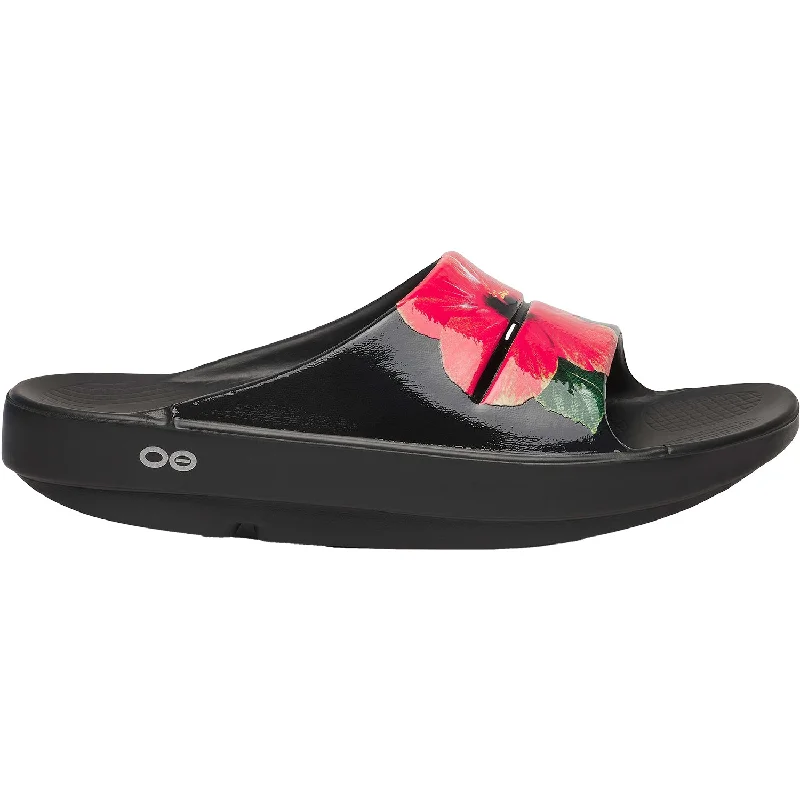 Sandals for muddy heels-Women's OOFOS OOahah Luxe Limited Hibiscus Synthetic