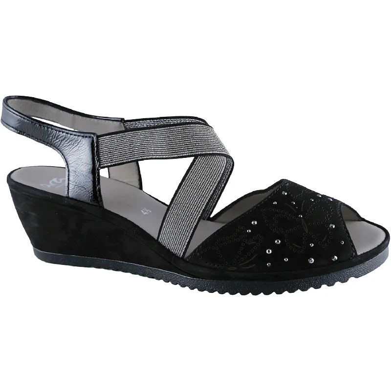 Sandals for casual heels-Women's Ara Celia Black Nubuck/Vernice