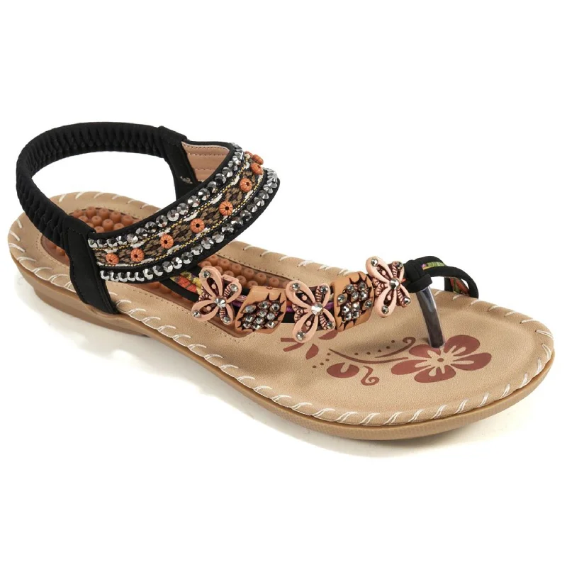 Sandals for casual heels-Women Summer Sandals Rhinestone Flats Sandals Female Casual Comfortable Massage Beach Shoes