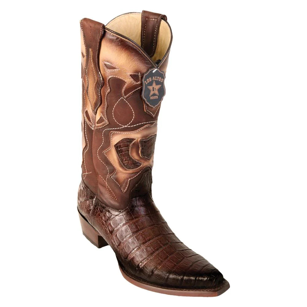 Cowboy boots with leather overlay designsLos Altos 94R8216 Men's Faded Brown Genuine Caiman Belly Snip Toe Cowboy Boots