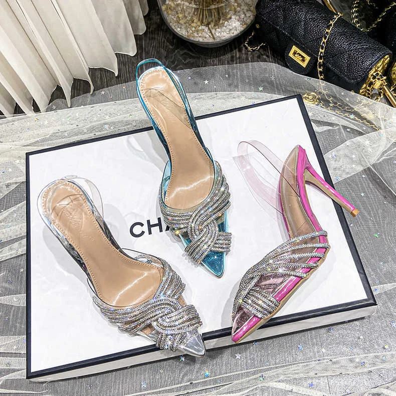 Sandals for sunny soles-New Transparent Cross Sparkling Rhinestone Pointed Toe Stiletto Sexy European And American Baotou High-Heeled Sandals