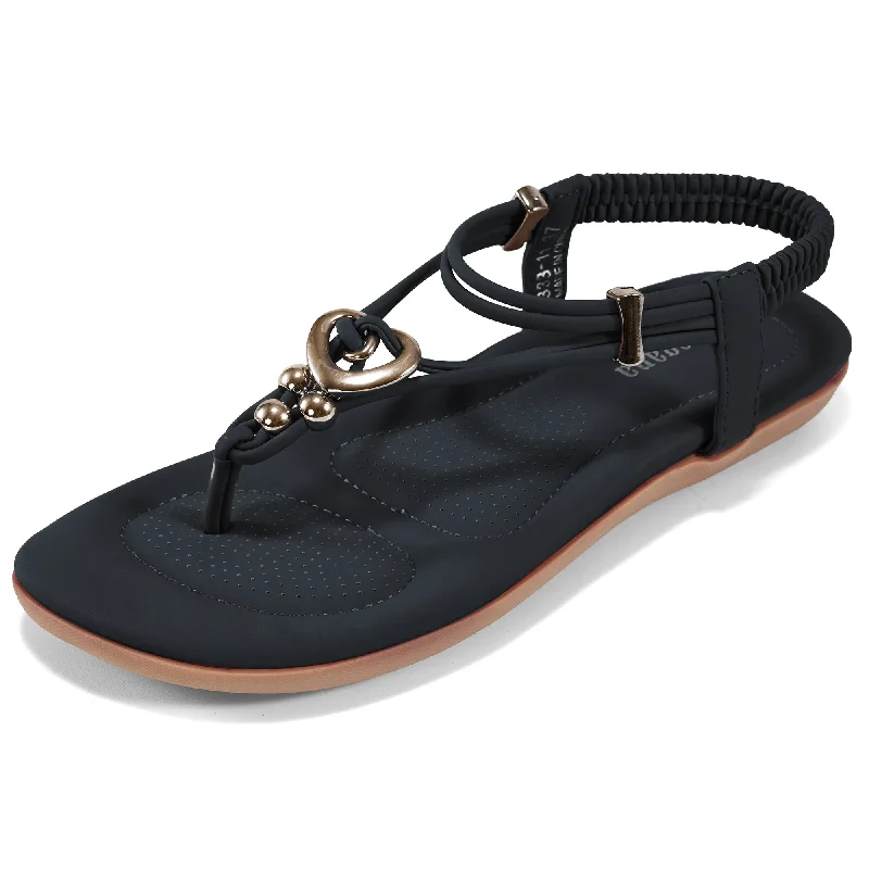 Sandals for outdoor soles-Almusen Women Flats Sandals Summer Beach Shoes Ankle T-Strap Adult Casual Flip Flops Dress Shoes